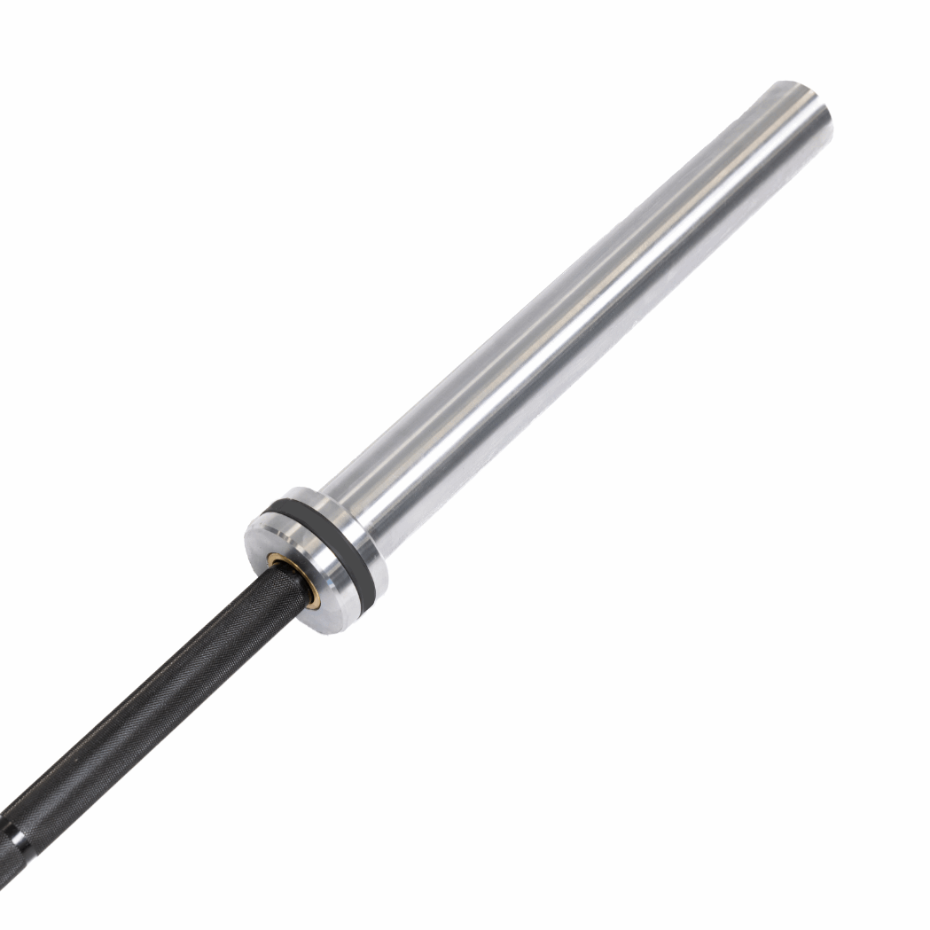 Close-up of Olympic barbell chrome sleeve with black zinc shaft – 20KG Elite Olympic Barbell Australia, High performance barbell for CrossFit and Olympic lifting in Australia