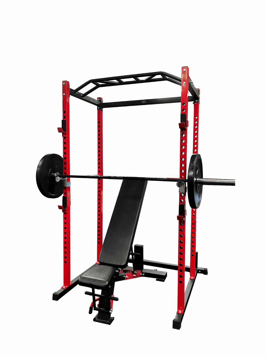 standard rack with plates, barbell and bench