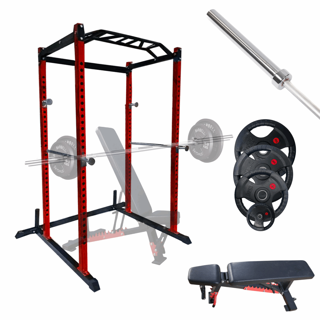 V2 Power Rack Bundle – Complete strength training package for home and commercial gyms. Includes heavy-duty power rack, Olympic barbell, adjustable bench, and cast iron or tri-grip weight plates. Ideal for squats, presses, and deadlifts