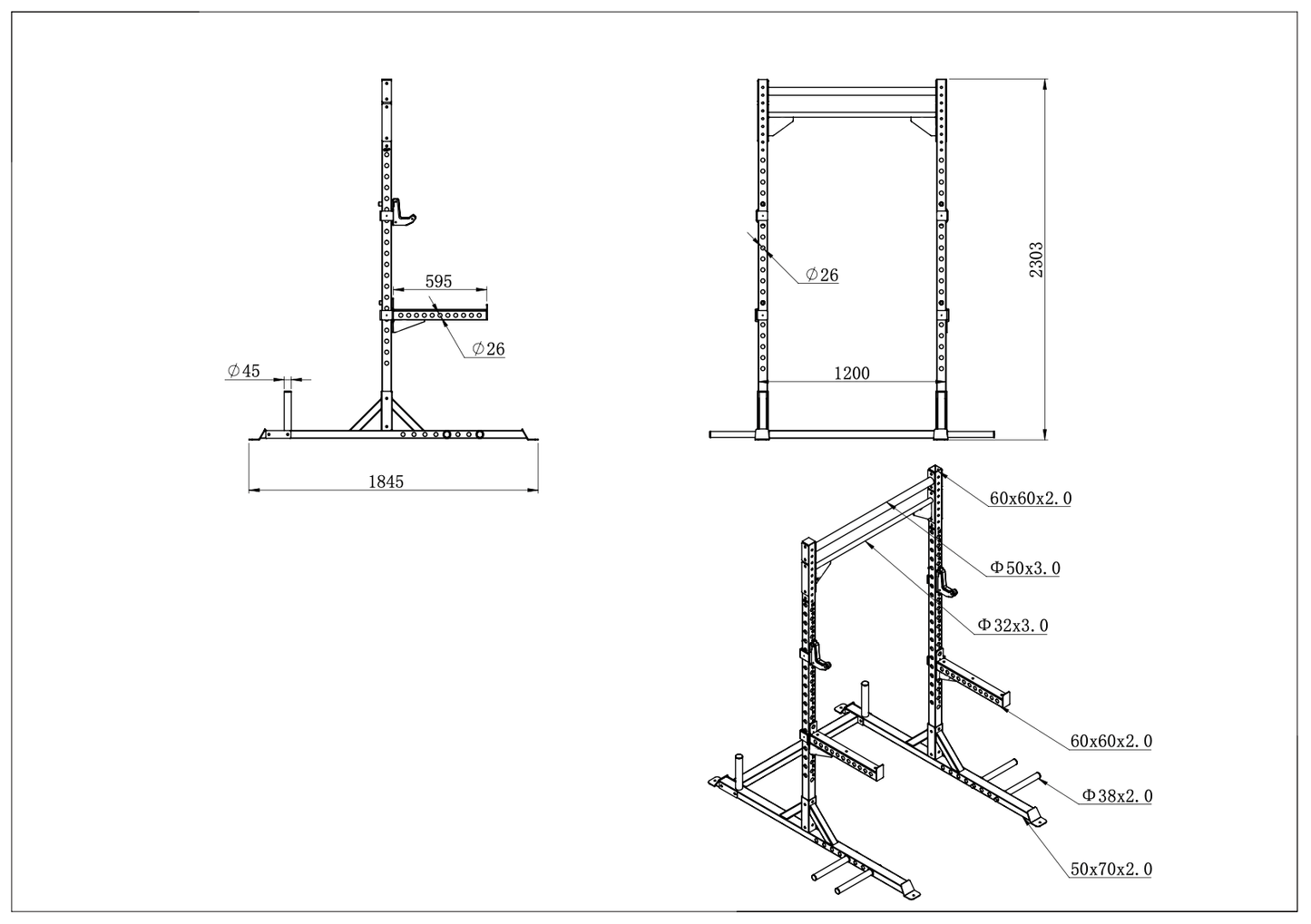 Commercial Half Power Rack - Squat Rack - 24/7 Gym Equipment