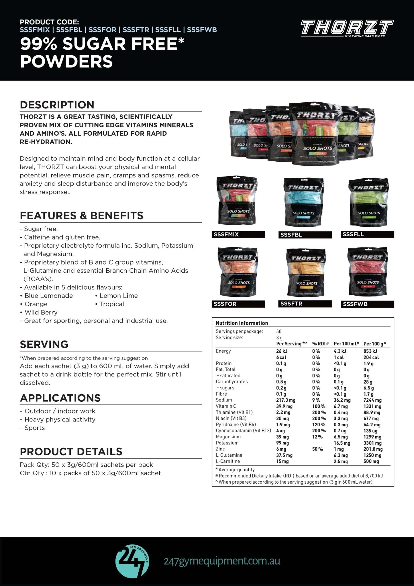 Thorzt Sugar - Free Electrolyte Solo Shot - Mixed Flavours 50 x 3g - 24/7 Gym Equipment