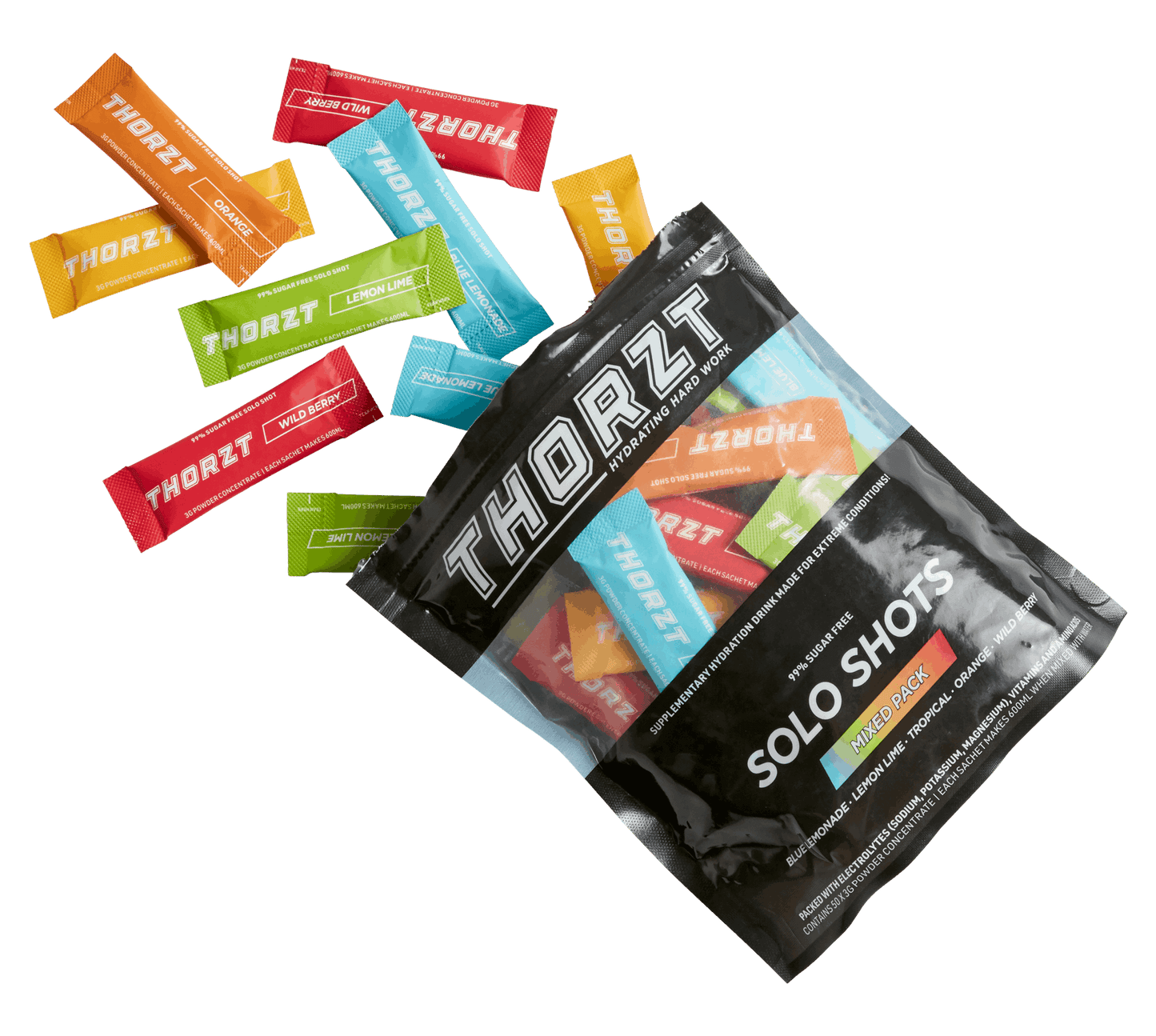 Thorzt Sugar - Free Electrolyte Solo Shot - Mixed Flavours 50 x 3g - 24/7 Gym Equipment