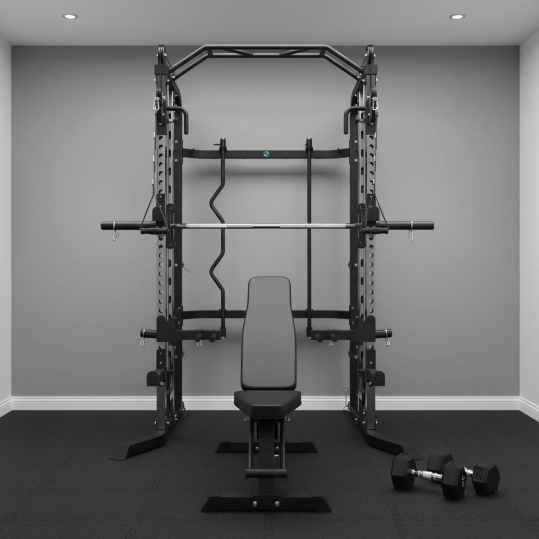 G3S Plate Loaded Functional Trainer set up in a narrow spare room with gym flooring, demonstrating space-saving home gym design for small Sydney apartments