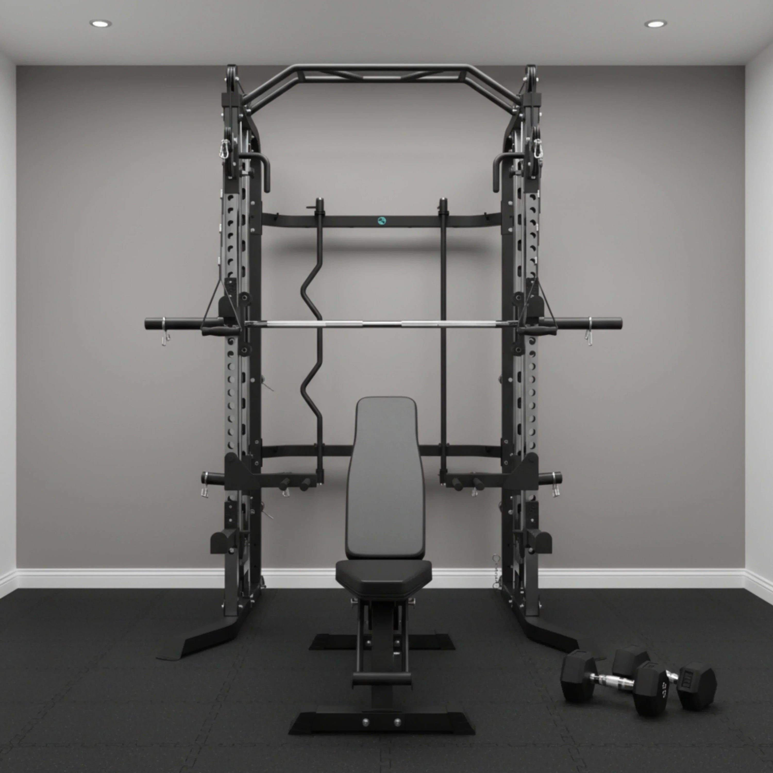 G3S Plate Loaded Functional Trainer set up in a narrow spare room with gym flooring, demonstrating space-saving home gym design for small Sydney apartments