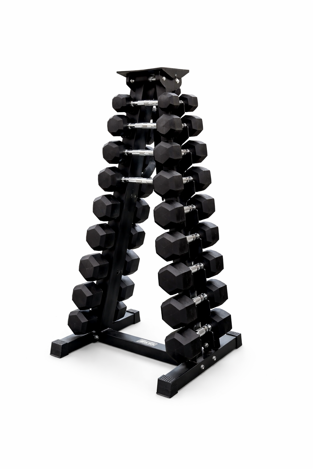 Complete 1-10kg rubber hex dumbbell set with vertical A-frame storage rack for home gyms and PT studios.