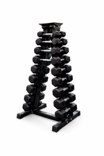 Complete 1-10kg rubber hex dumbbell set with vertical A-frame storage rack for home gyms and PT studios.