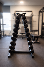 Close-up of rubber-coated hexagonal dumbbell head showing anti-roll design and weight marking.