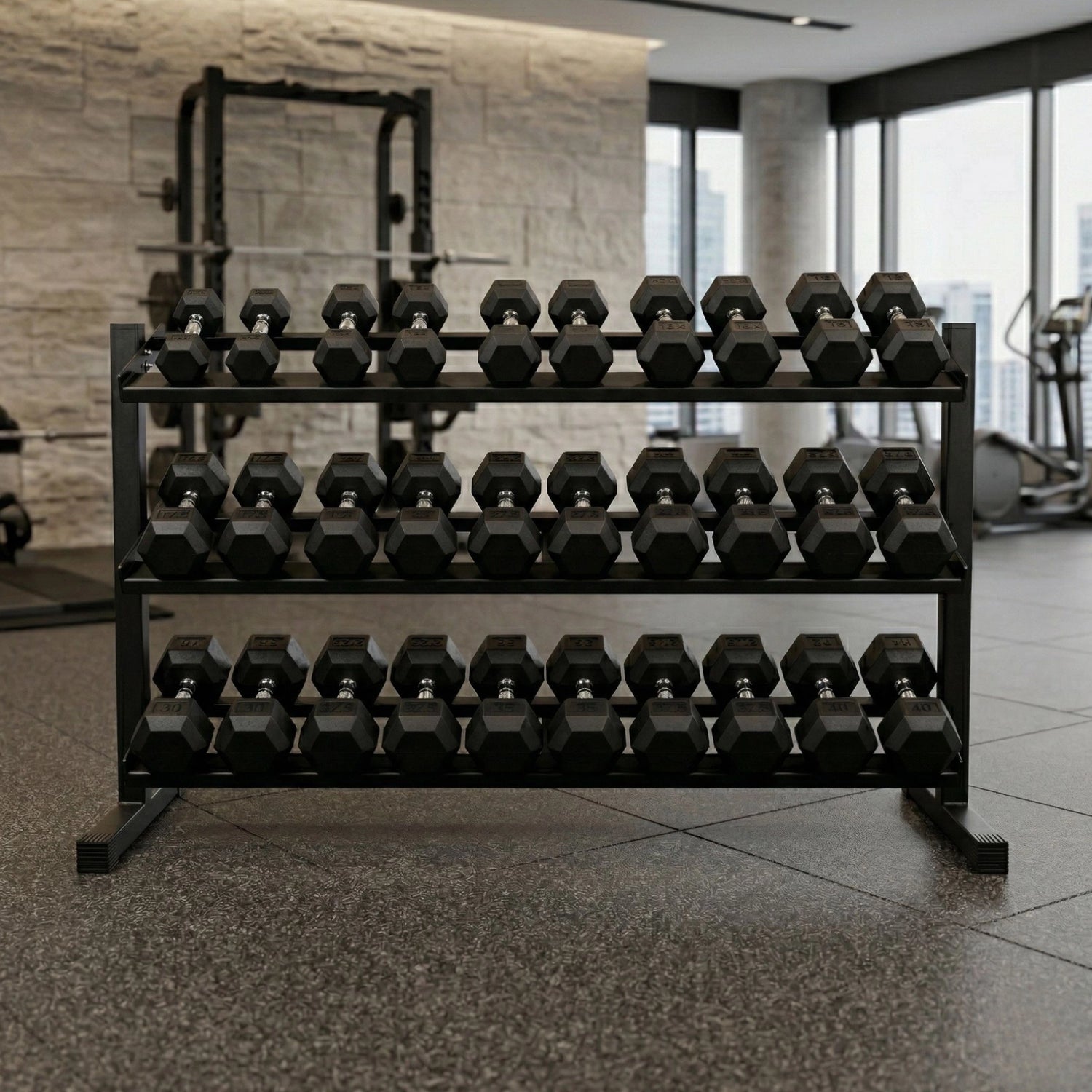 161cm Commercial 3-Tier Dumbbell Rack in a gym setting, holding 15 pairs of heavy-duty hex dumbbells, including larger weights on the bottom tier.