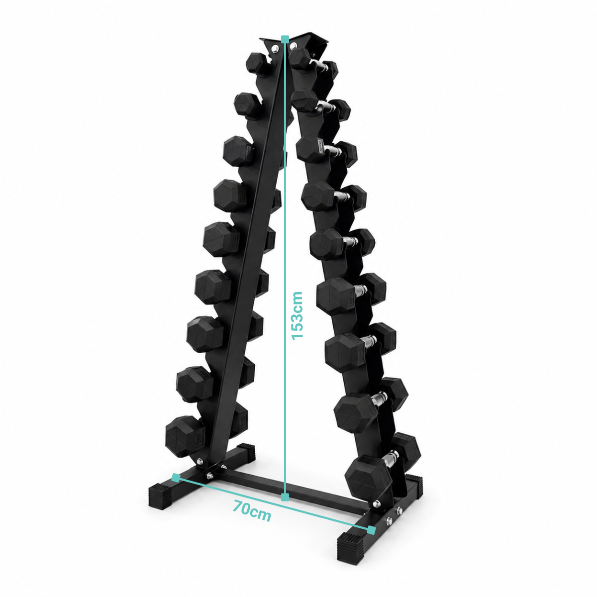 Vertical dumbbell rack with protective cradles and 1–10kg hex dumbbell pairs