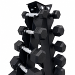Close-up of 1–10kg hex dumbbells with chrome handles on vertical dumbbell rack