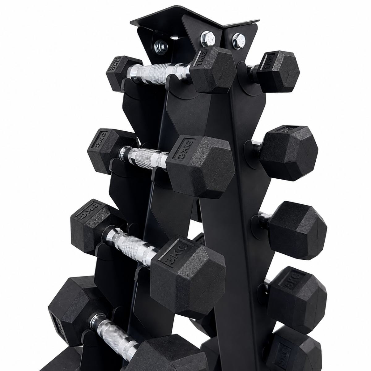 Close-up of 1–10kg hex dumbbells with chrome handles on vertical dumbbell rack
