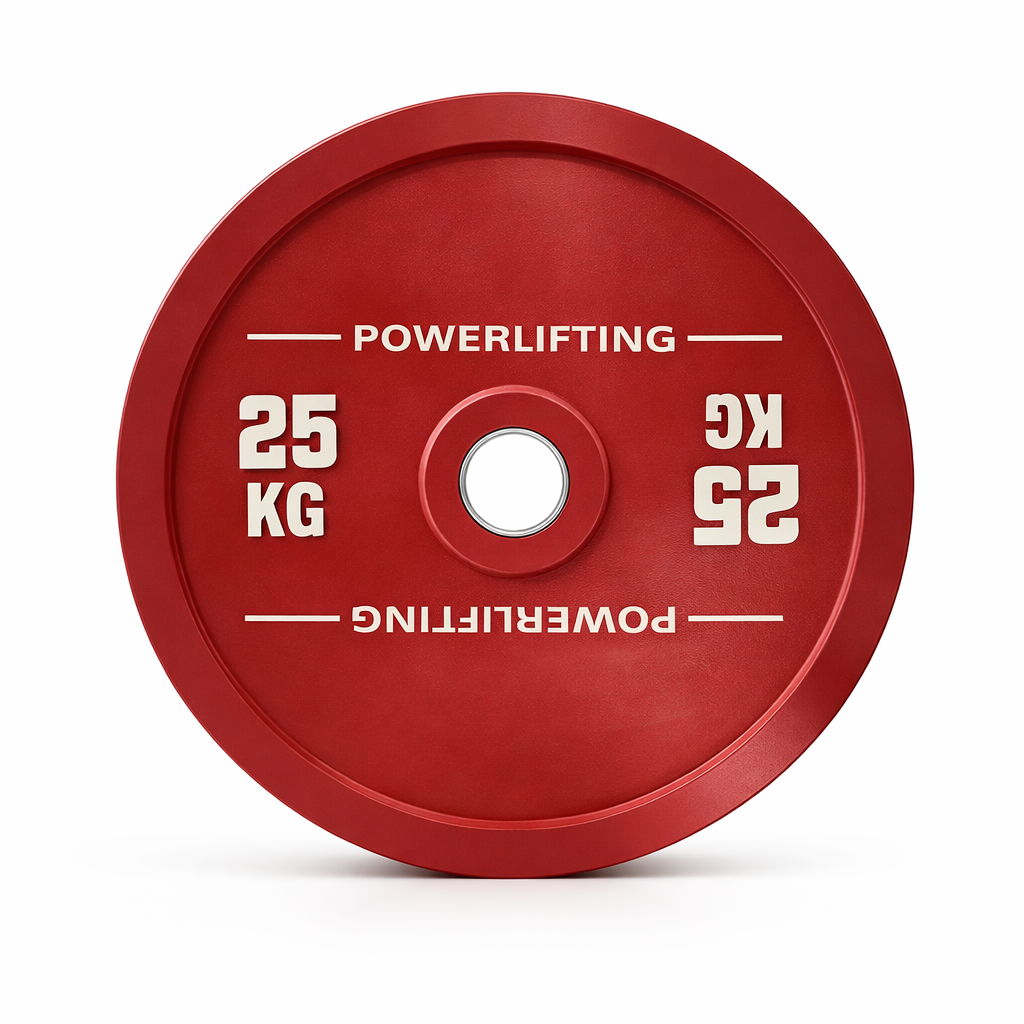 25kg Red calibrated steel plate, thin profile design for maximum loading on powerlifting barbells - 24/7 Gym Equipment