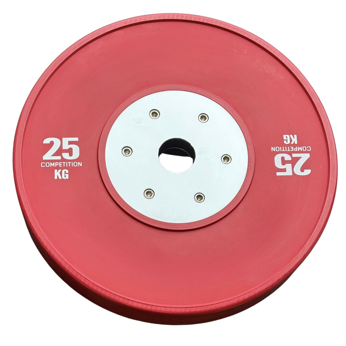 25kg Red Olympic competition bumper plate, calibrated to ±10g tolerance with a slim profile for heavy lifting - 24/7 Gym Equipment
