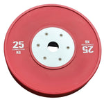 25kg Red Olympic competition bumper plate, calibrated to ±10g tolerance with a slim profile for heavy lifting - 24/7 Gym Equipment