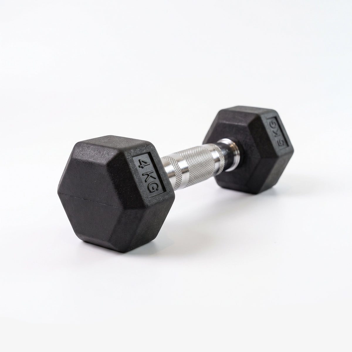 4kg hex dumbbell with rubber coating and chrome knurled handle