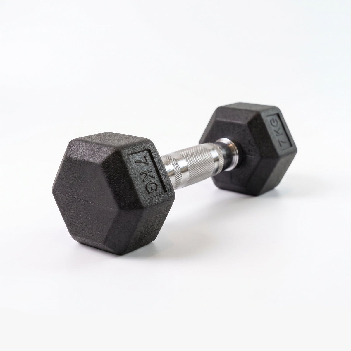 7kg hex dumbbell with rubber coating and chrome knurled handle