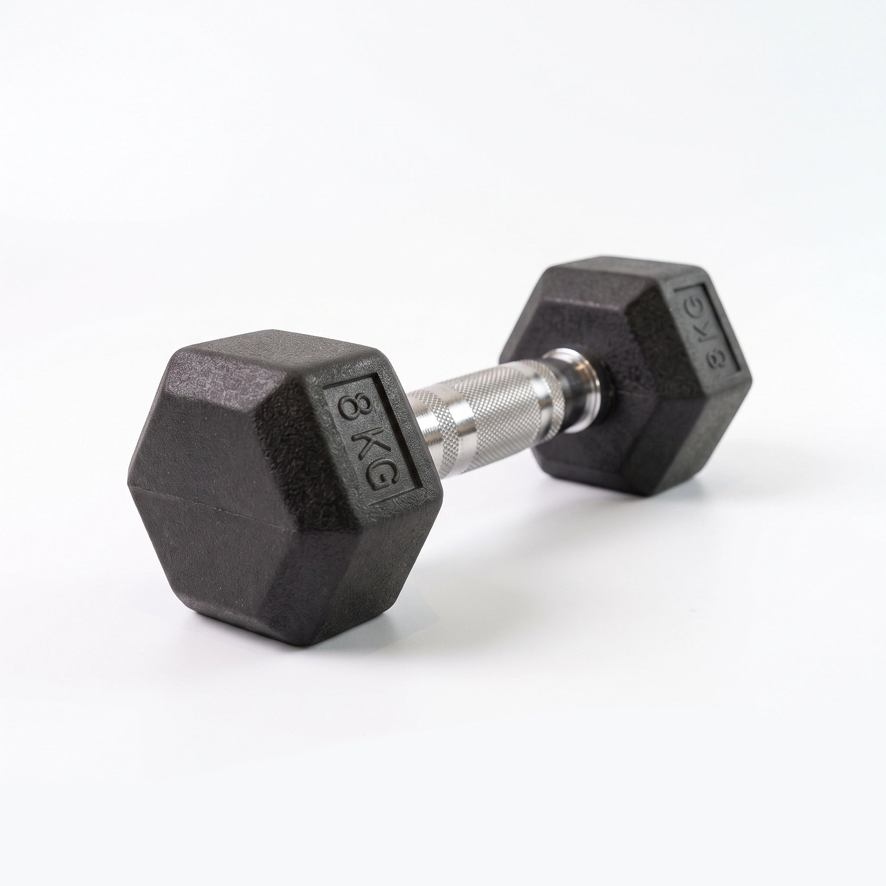 8kg hex dumbbell with rubber coating and chrome knurled handle