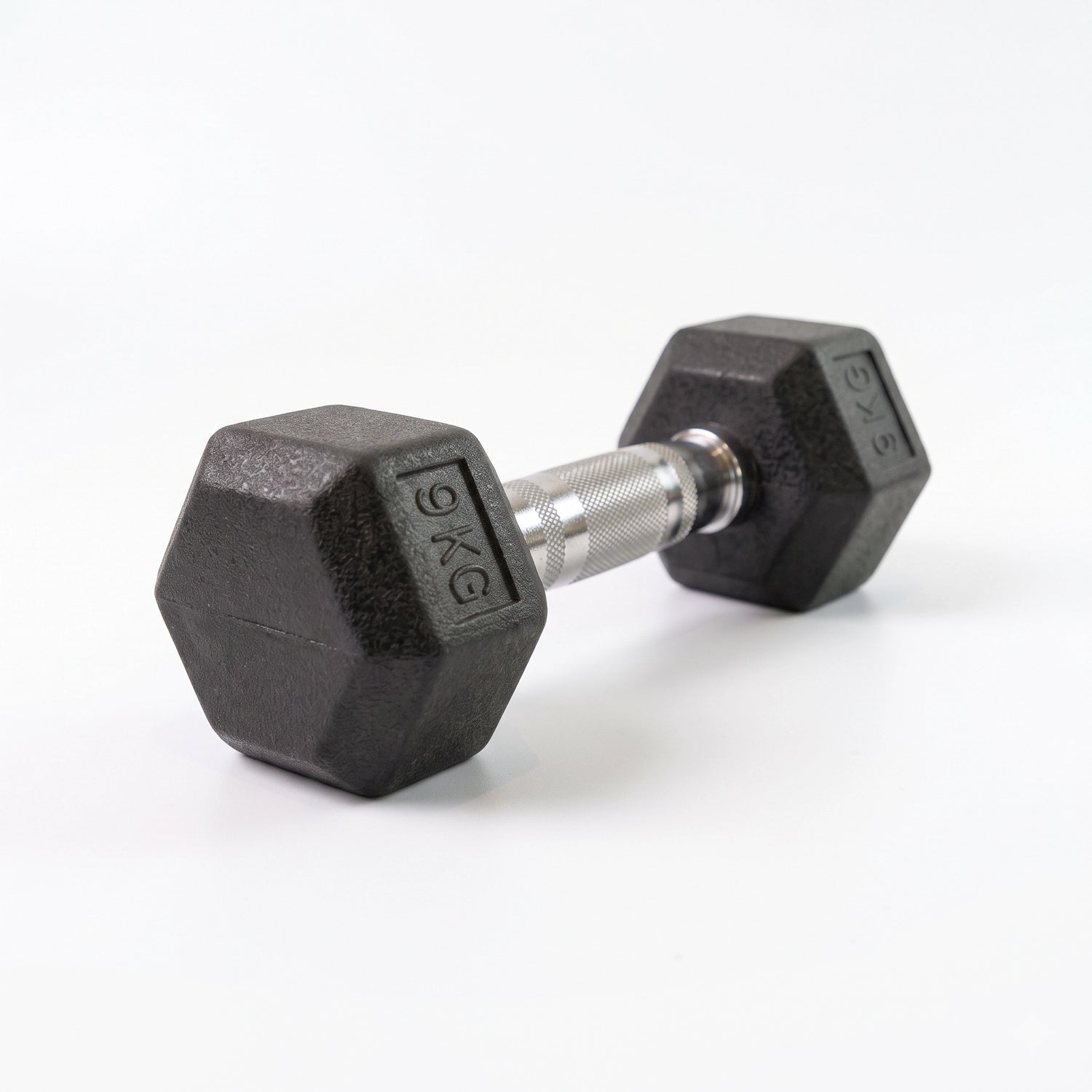 9kg hex dumbbell with rubber coating and chrome knurled handle