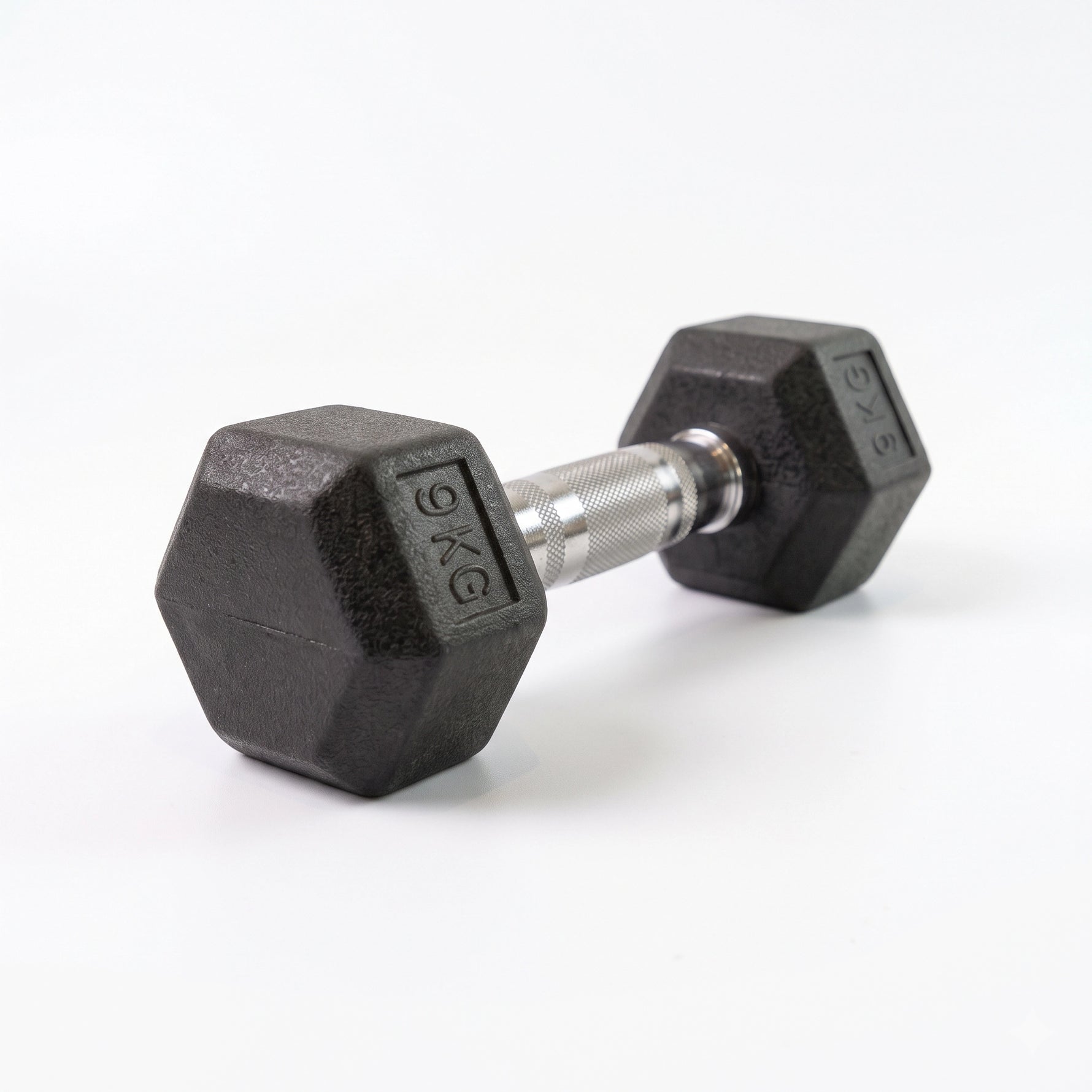 9kg hex dumbbell with rubber coating and chrome knurled handle