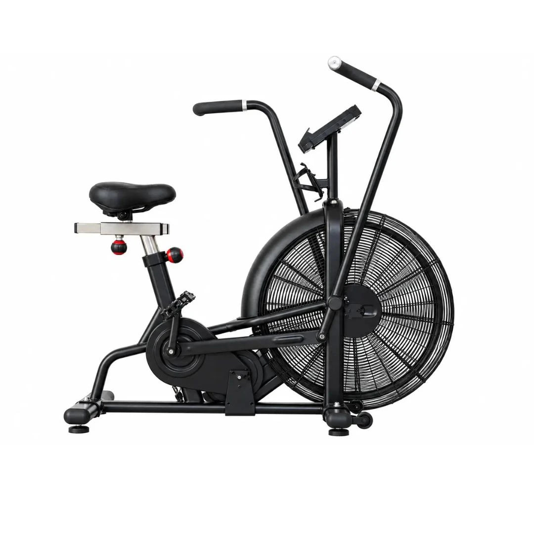 A black air resistance exercise bike with a large front fan, black saddle, and adjustable handlebars, shown from a side profile on a white background.