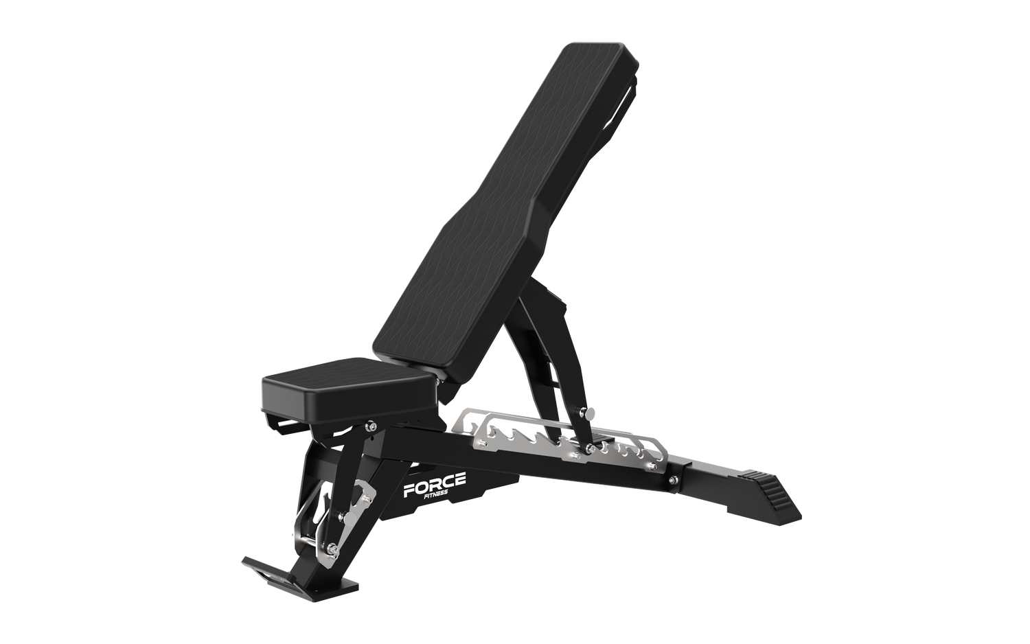20 commercial adjustable weight bench in an incline position with black upholstery and steel frame.