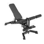 Black adjustable weight bench with a leg curl and leg extension