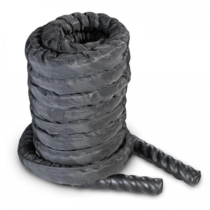 Black 1.5 inch battle rope 15m coiled with sleeved cover and heat-shrink end caps