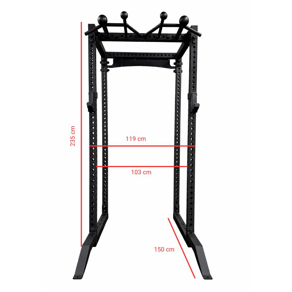 Beast Power Rack front view — commercial grade 75x75x3mm black powder coat steel power cage with multi-grip pull-up bar and flat foot base