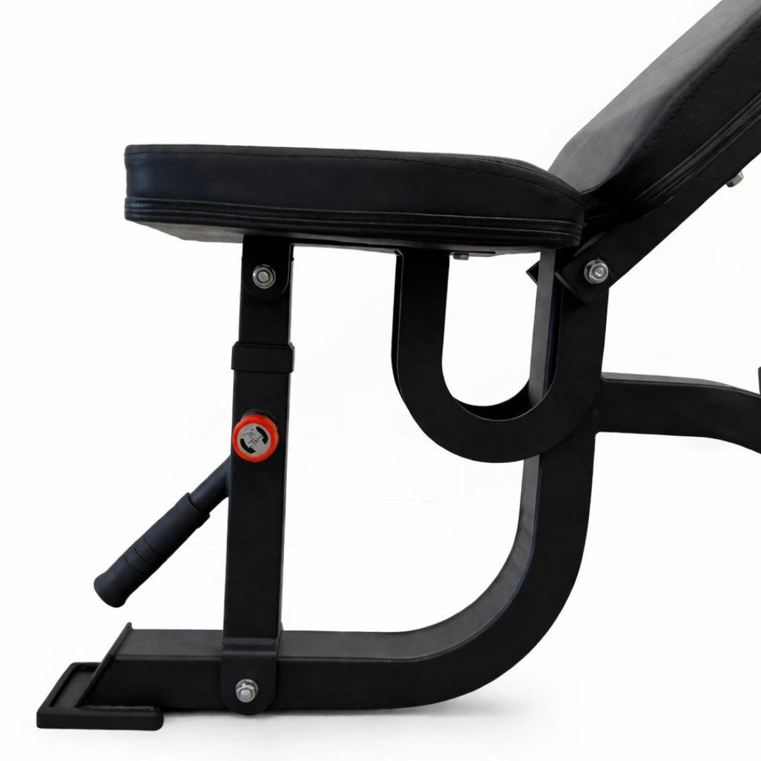Close up adjustable bench seat support frame and adjustment pin heavy duty gym bench commercial quality