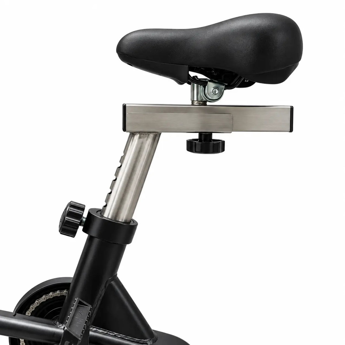 Close-up of a bicycle saddle with a silver metal mounting bar and black seat post on a white background.