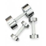 Chrome dumbbells with knurled handles for home and commercial gym strength training.
