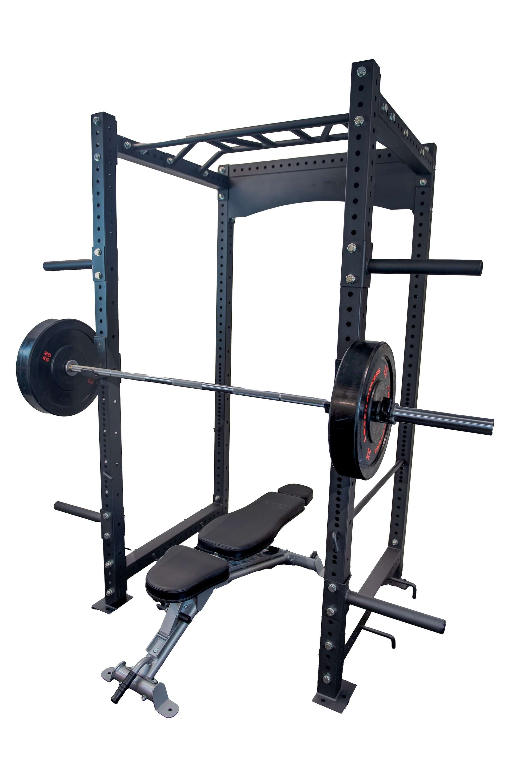 Ultimate Strength Bundle – A complete heavy-duty strength training package including a commercial power rack, standard FID bench, 120KG Olympic bumper plates, 20KG Olympic barbell, and collars. The power rack features premium construction, adjustable pull-up bars, Olympic plate holders, and band pegs, designed for home and commercial gyms. Ideal for serious lifters with durability and stability for intense strength training