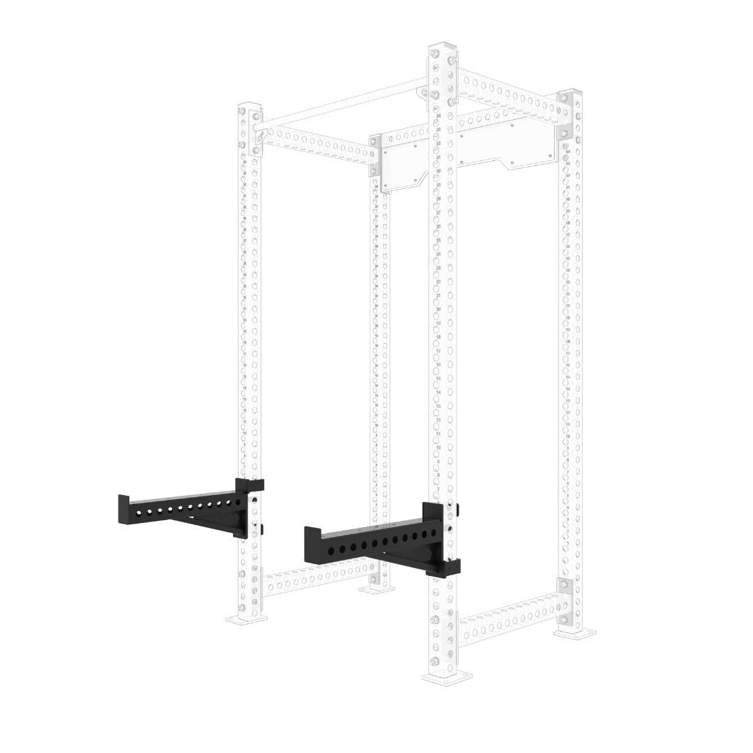 Pair of heavy-duty BEAST safety spotter arms featuring 75x75mm black steel tubing and protective yellow UHMW lining for power racks.