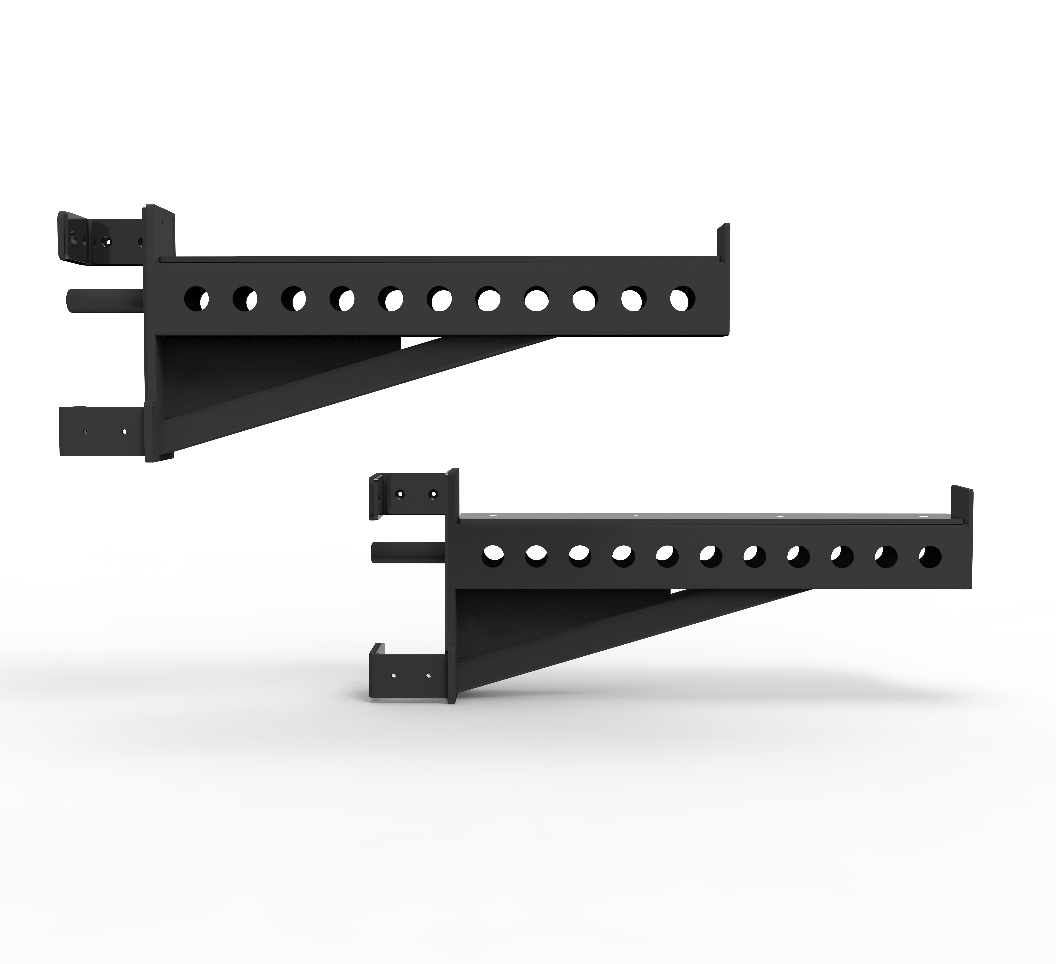 Detailed view of the swing lock and safety pin mechanism on the BEAST spotter arms, showing how they secure to a 75x75mm rack upright.