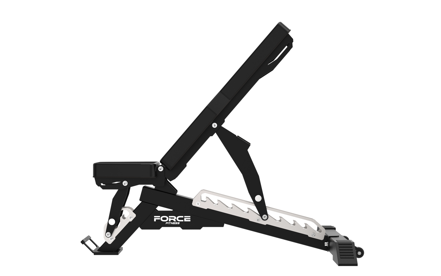 Side view of the B20 adjustable weight bench angled to a mid incline position, showing the double triangular frame.
