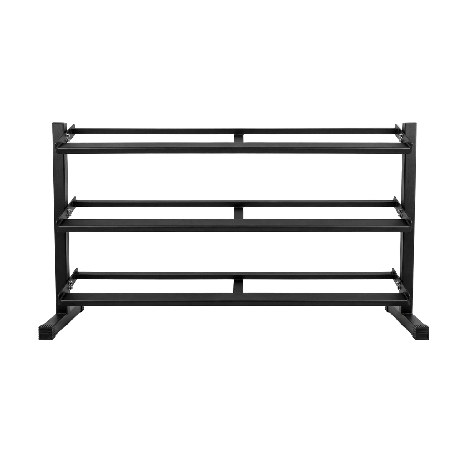 Heavy-duty 3-tier dumbbell rack in matte black finish, featuring three angled steel storage shelves and a wide stable base, isolated on a clean white background.