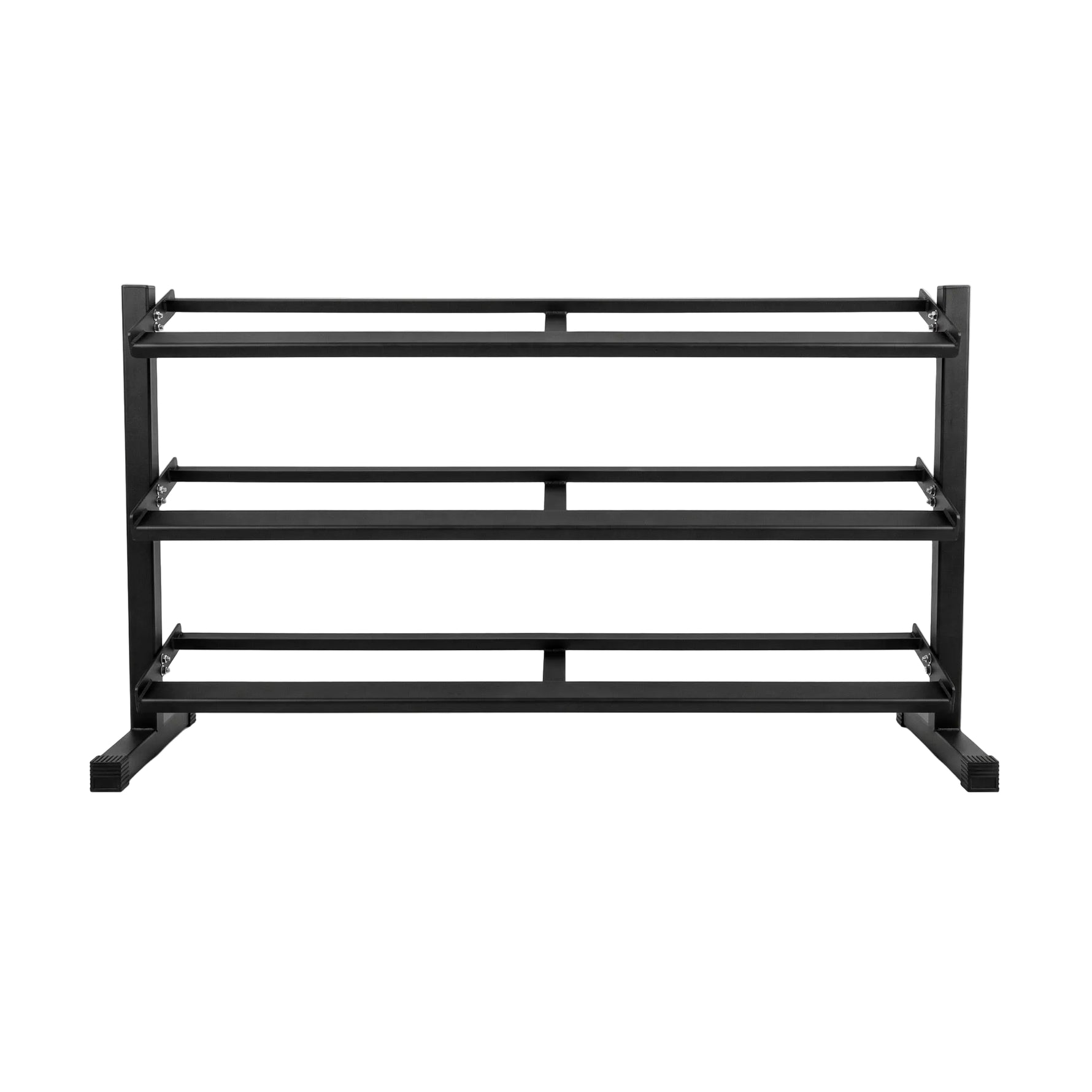 Heavy-duty 3-tier dumbbell rack in matte black finish, featuring three angled steel storage shelves and a wide stable base, isolated on a clean white background.