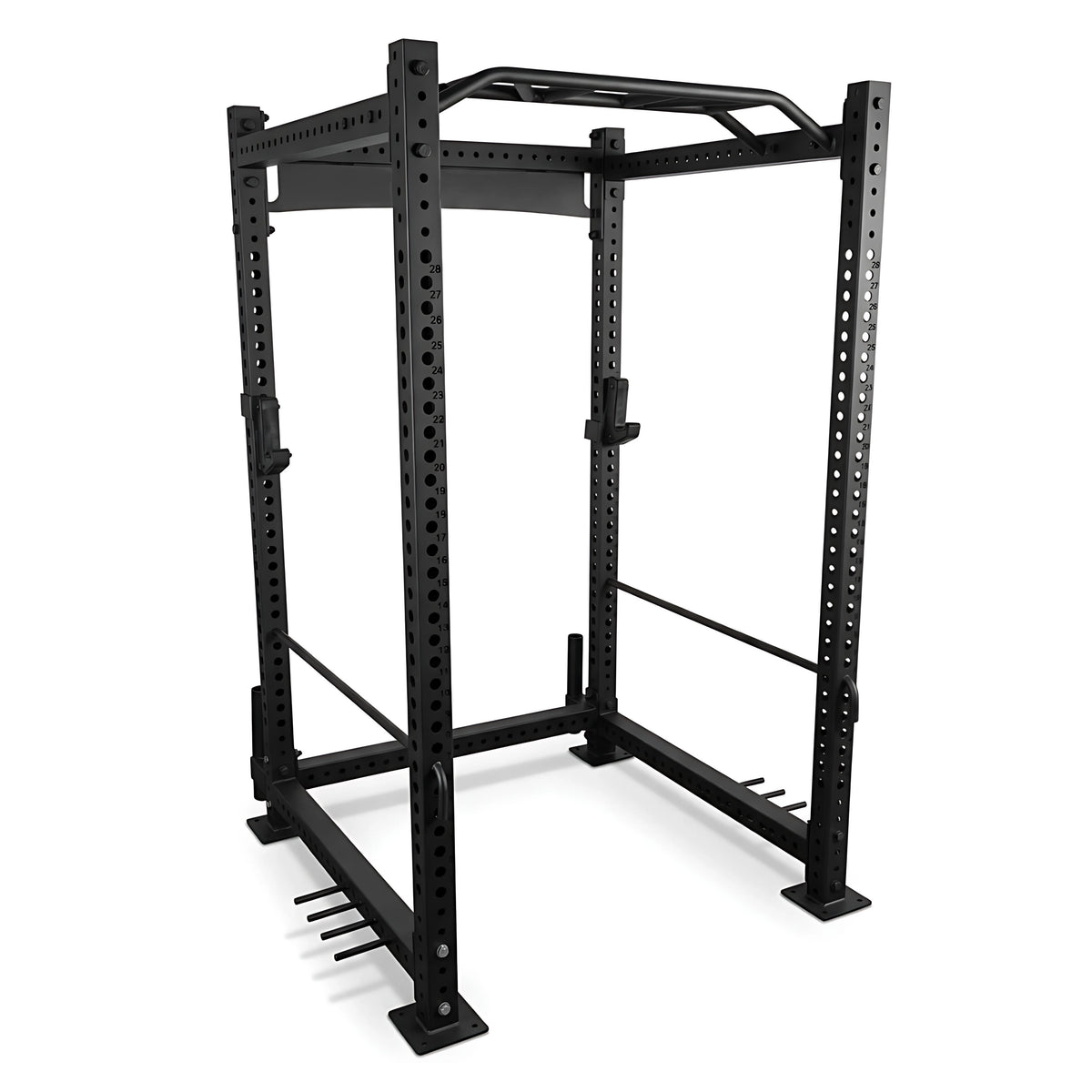 Elite Signature Commercial Power Rack with multi-grip pull-up bar, UHMW-lined J-hooks, solid safety bars and integrated band pegs — 75×75×3mm 11-gauge steel frame in commercial black powder coat finish, suitable for squats, bench press and heavy barbell training in home gyms and commercial facilities Australia