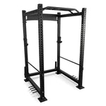 Elite Signature Commercial Power Rack with multi-grip pull-up bar, UHMW-lined J-hooks, solid safety bars and integrated band pegs — 75×75×3mm 11-gauge steel frame in commercial black powder coat finish, suitable for squats, bench press and heavy barbell training in home gyms and commercial facilities Australia