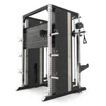 XG90 functional trainer side view showing dual 90kg pin-loaded cable stacks and 37-position aluminium pulley system
