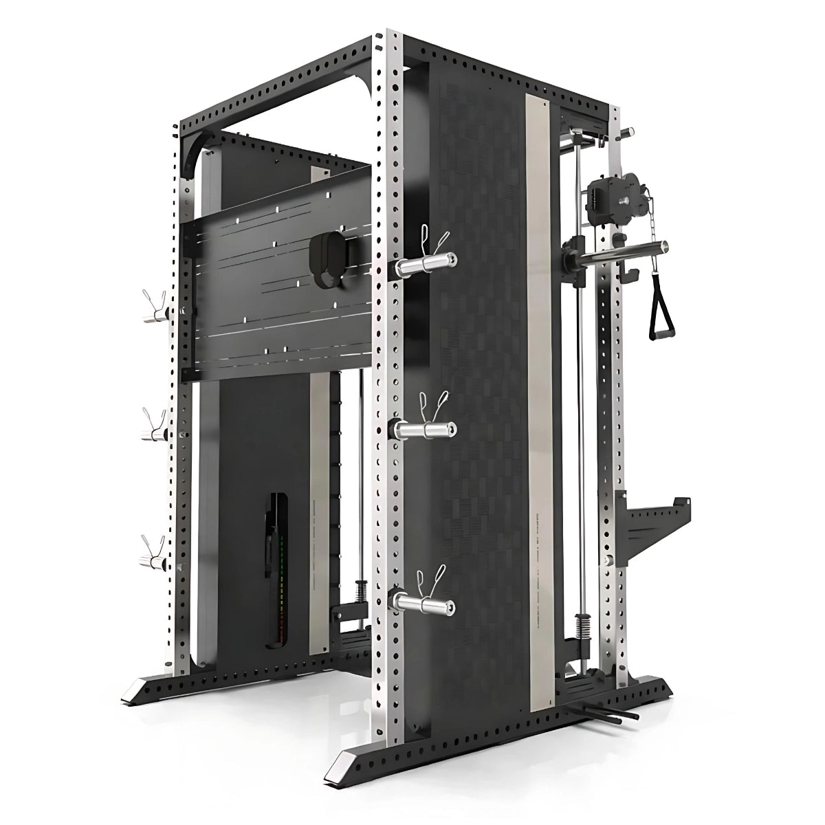 XG90 functional trainer side view showing dual 90kg pin-loaded cable stacks and 37-position aluminium pulley system
