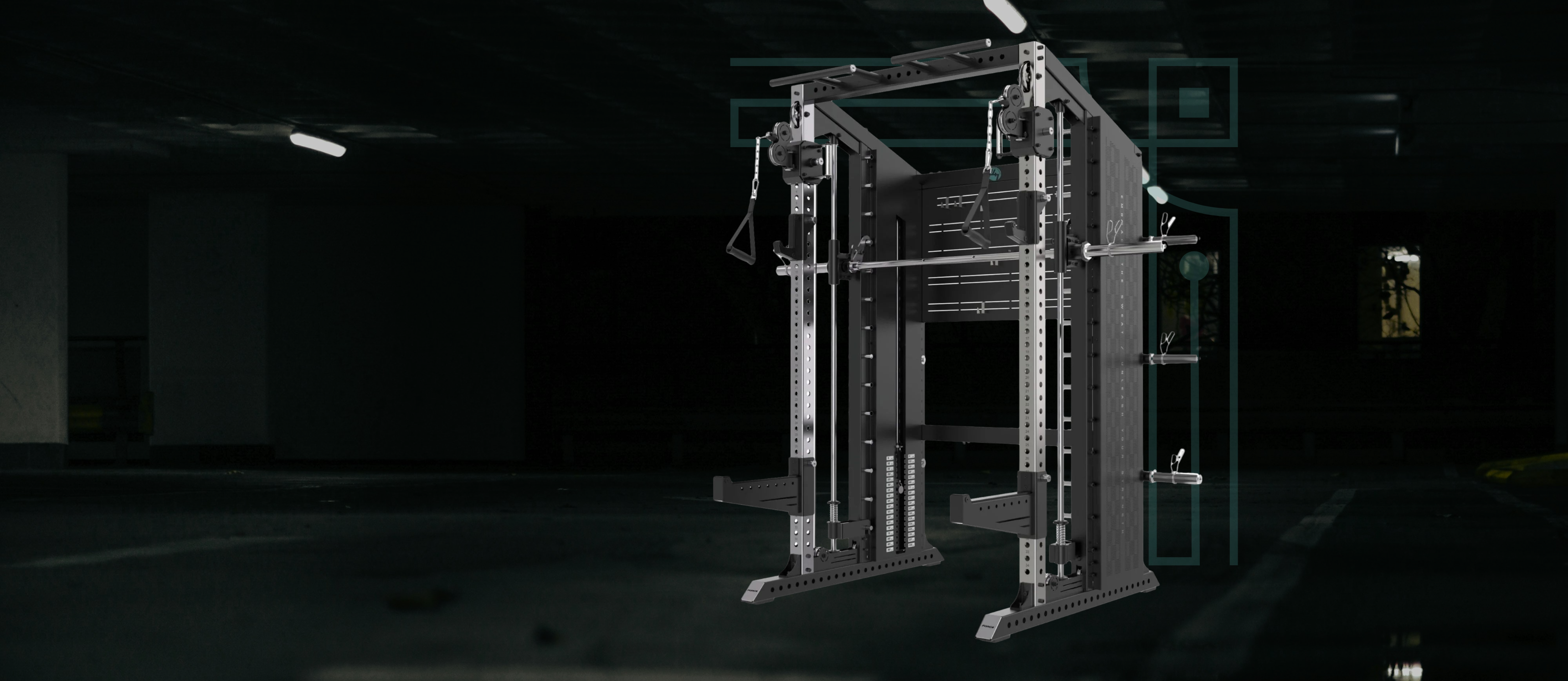 G25 multi functional trainer - Gym equipment rack in a dimly lit room
