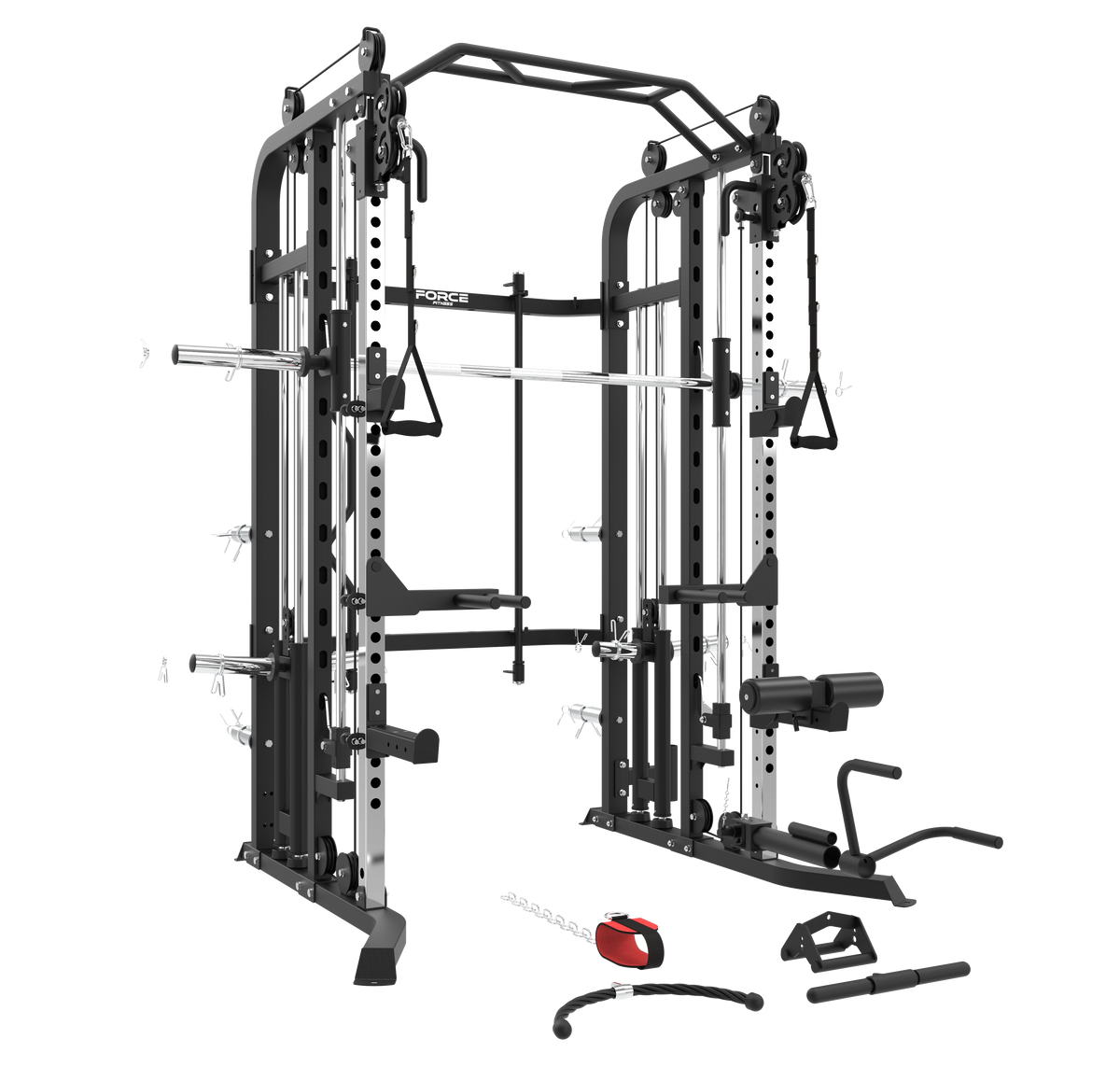 G5S functional trainer plate loading points and hard chrome-plated sleeves close-up
