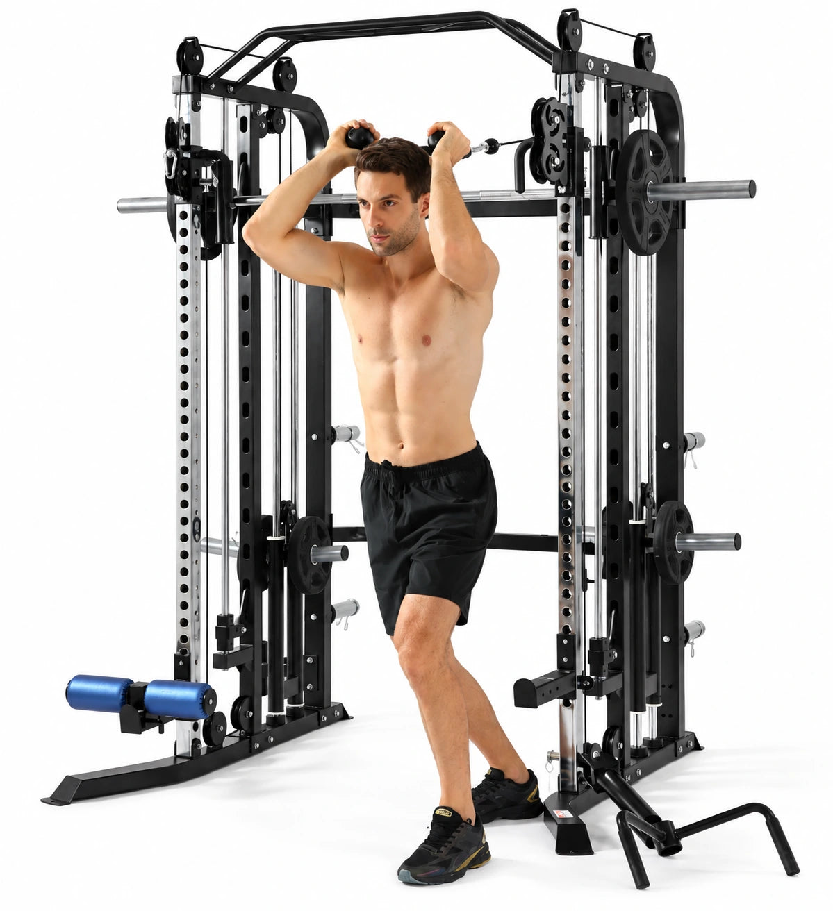 G5S plate loaded smith machine and functional trainer  silver multi-functional power rack gym machine on a white studio background.