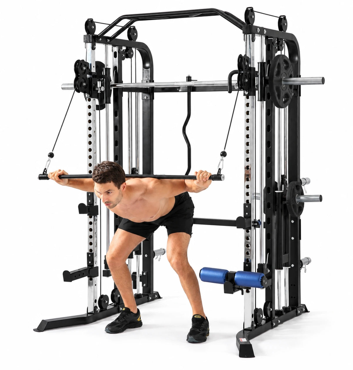 A man performing a cable pull-through exercise on a black and silver multi-functional home gym power rack with a cable pulley system, set against a solid white background.