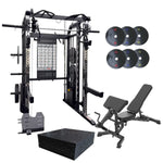 A black multi-functional home gym power rack set shown with accessories on a white background, including a weight bench, four weight plates, a stack of rubber floor mats, and a weight plate base.