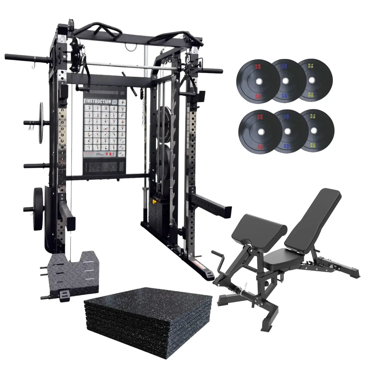 A black multi-functional home gym power rack set shown with accessories on a white background, including a weight bench, four weight plates, a stack of rubber floor mats, and a weight plate base.