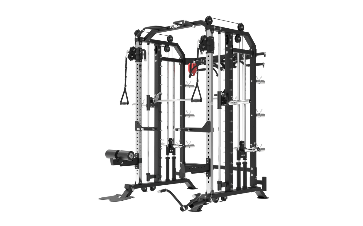 G7S commercial functional trainer with Smith machine shown from the front, with dual cable towers, Smith bar and integrated power rack
