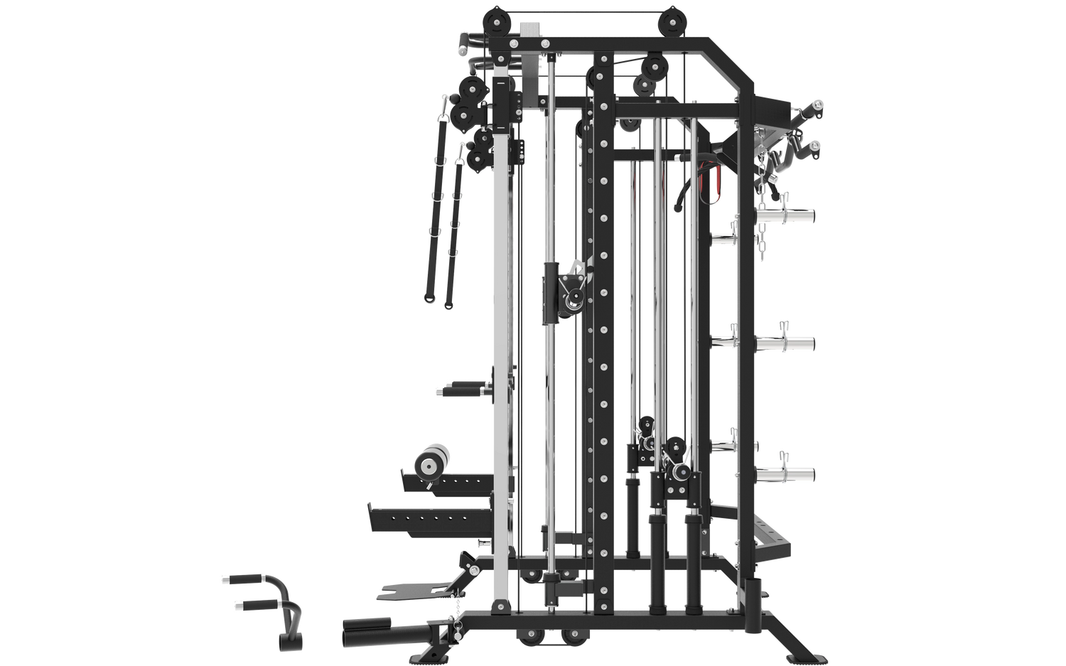 Angled view of the G7S functional trainer highlighting the cable pulleys, dip handles and chin up bar attachment points
