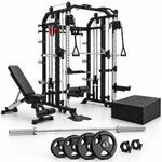 A black and silver multi-functional home gym power rack set with a weight bench, barbell, weight plates, and rubber floor mats 